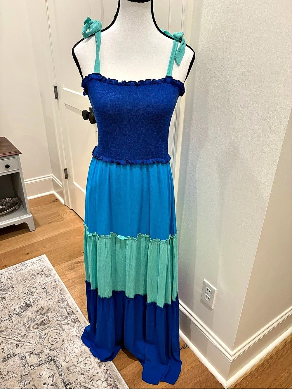 beBop Color Block Smocked Maxi Dress in Blue & Green Size Medium